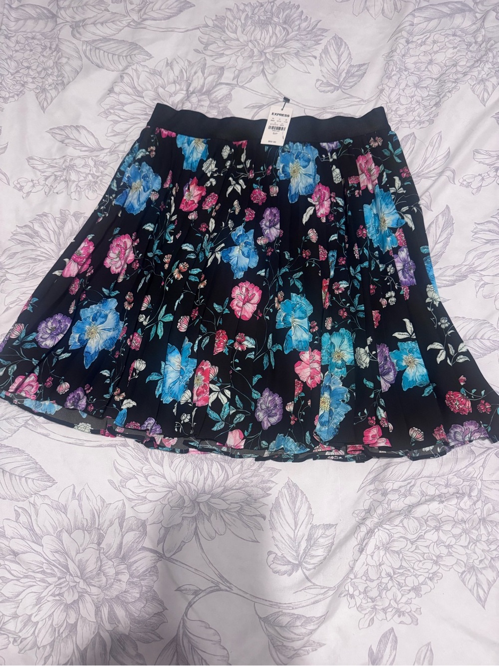 Express Black Floral Skater Skirt with Blue, Pink & Purple Blooms
